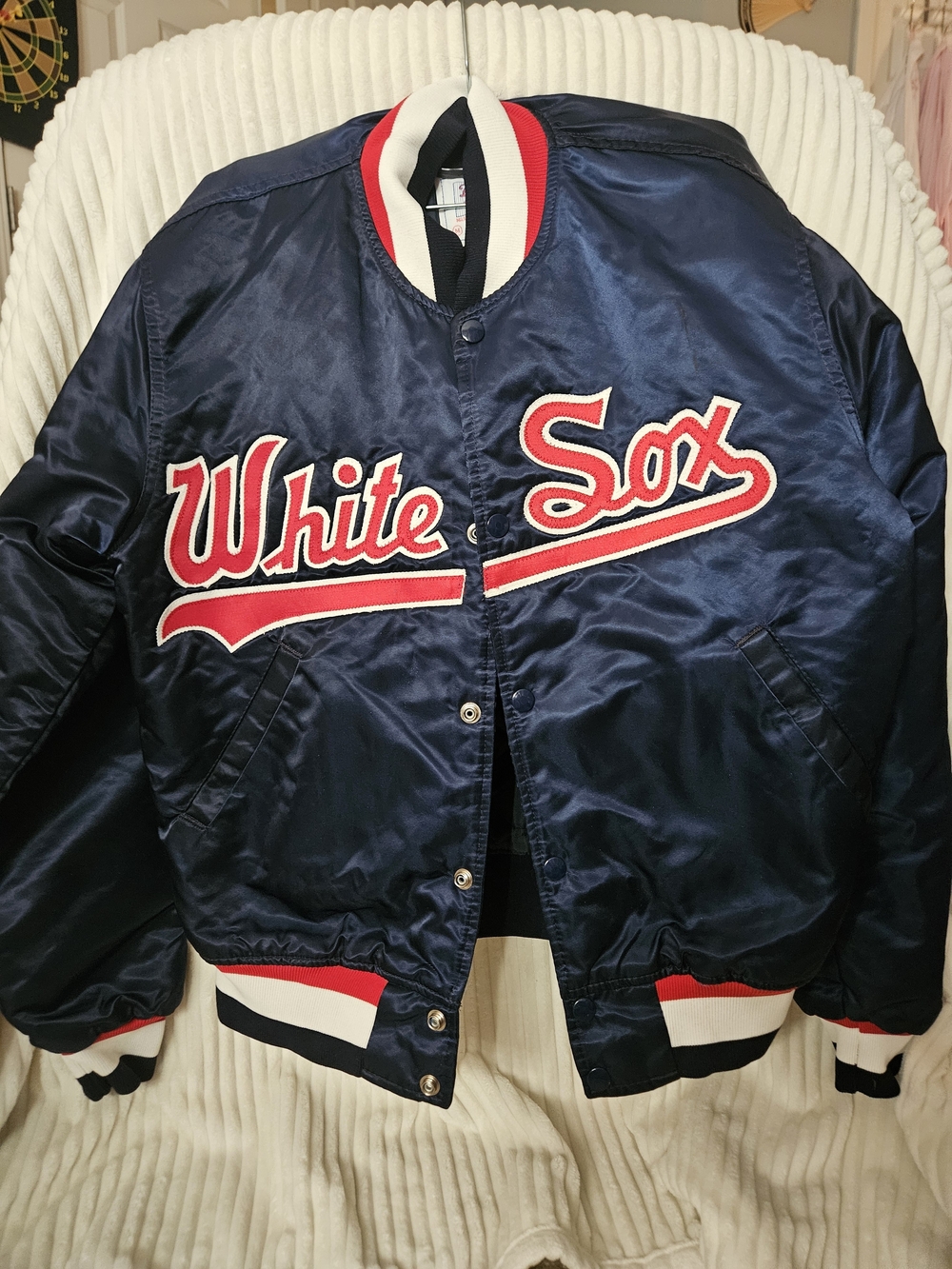 STARTER Navy Satin White Sox Varsity Jacket with Red & White Trim